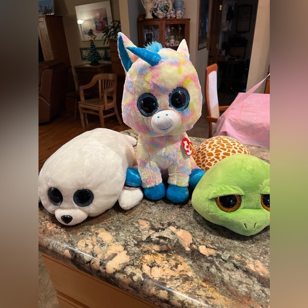 3 Extra Large TY Beanie Boo’s Unicorn, Turtle, Seal